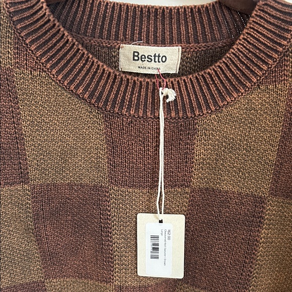 Women's Brown Checkered Crew Neck Sweater . 100 percent cotton NWT - Picture 2 of 4